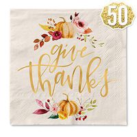 xo, Fetti Thanksgiving Gold Foil Napkins - 50 count | Give Thanks Decorations, 5 x 5 inches, 3ply, Autumn Leaves, Pumpkins, Fall Table Decor