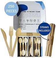 WITIBO Disposable 100% Bamboo Cutlery Set + Straws Included | 6.5'' Disposable Bamboo Utensils | Compostable Forks Spoons Knives and Biodegradable Brown Paper Straws, Eco-Friendly Flatware