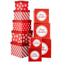 Christmas Nesting Gift Boxes Red and White Box With Glitter & Ribbon For Xmas Gifts and Holiday Party Decor Set of 10 Assorted Sizes of Extra Small, Small, Medium, Large and X-Large