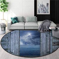 DESPKON-HOME Nature Round Area Rug Carpet,Lightning Bolt at Night from Window in A Seaside House Forces of Nature Theme Decor Living Dining Room Bedroom Hallway Office Carpet Round-71 Inch,Blue Grey