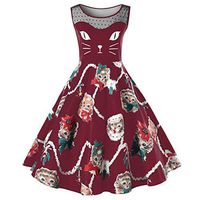 Ninasill Women Dress, ღ ღ Cat Printing Sleeveless Party Dress Ladies Vintage Swing Lace Dress Skirt Blouse Tops (S, Wine Red)
