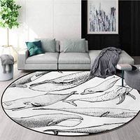RUGSMAT Whale Modern Machine Washable Round Bath Mat,Hand Drawn Black and White Whales from Single Type Small and Big Artistic Image Non-Slip Soft Floor Mat Home Decor,Diameter-39 Inch