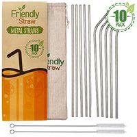 Friendly Straw 10 Pack 10.5" x .25" Reusable Metal Straws, 5 Straight 5 Elbow Stainless Steel Drinking Straws With Free Brushes and Pouch