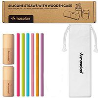 Reusable Collapsible Straws with Case: 6 Silicone Straws + 2 Wooden Cases + 4 Cleaning Brushes + 1 Carrying Pouch, Eco Friendly, Folding, Flexible, Portable Travel Drinking Straw (8.25 Inches)