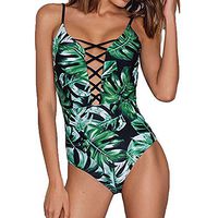 Moilant Women Leaf Print Bikini Swimsuits Criss Cross Bikini Beachwear One Piece Bathsuit Slim Casual Green