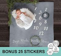 Baby Milestone Blanket and Newborn Milestones Stickers | Personalized First Year Growth | Monthly Age Infant Blankets Gray | Funny Sticker Baby-Shower Gift | Unisex Boy Girl Photo Prop Grey Background