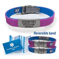 Sport/Slim Reversible Waterproof Medical Alert Bracelet. Incl. 9 Lines Engraving. - Purple/Blue
