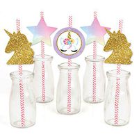 Rainbow Unicorn - Paper Straw Decor - Magical Unicorn Baby Shower or Birthday Party Striped Decorative Straws - Set of 24