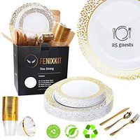 150 Pc Gold Dinnerware for Weddings, Parties, Holidays and Events for 25 Guests | 75 Pcs Disposable Fancy Plastic Silverware, 25 Pcs Each of Dessert and Dinner Plastic Plates and Cups with Gold Rims