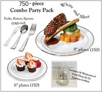 750 Pieces Plastic China Plate Silverware Combo for 150 people WHITE with Silver Bands