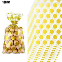 100 PC Gold Polka Dot Candy Bags with Golden Twist Ties,Christmas Party Clear Treat Bags,OPP Candy Bags for Cookie Candy Snack Wrapping Wedding Gift Party Favor