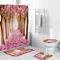 Naiflowers 4 Piece Non-Slip Bathroom Toilet Rug Mats pad & Rug Contour& Shower Curtain with Hooks & Lid Cover, Entryway Kitchen Washable Bath Shower Curtain Carpet, Beach Sea Style