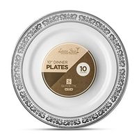[10 Count - 10 Inch Plates] Laura Stein Designer Tableware Premium Heavyweight Plastic White Dinner Plates With Silver Border, Party & Wedding Plate, Serviette Series, Disposable Dishes