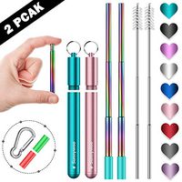 Sunnywoo Collapsible Reusable Straws,Portable Stainless Steel Metal Drinking Foldable Straw with Travel Case & Cleaning Brush & Keychain & Silicon Tips for Adults and Kids （2 Pack）