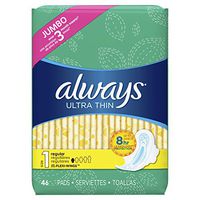 ALWAYS Ultra Thin Size 1 Regular Pads With Wings Unscented, 46 Count