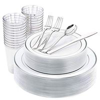 DaYammi 175pcs Silver Disposable Plastic Plates&Cutlery 25 of each: Dinner Plates/Salad Plates/Knives/Spoons/Cups+ 50 Plastic Forks. Thanksgiving, Wedding, Party Decoration Favors
