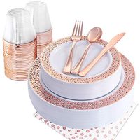NERVURE 175PCS Rose Gold Plastic Plates & Plastic Silverware & Rose Gold Cups, 25 Disposable Plates Setting: 25 Dinner Plates,25 Dessert Plates, 25 Forks,25 Knives, 25 Spoons, 25 Cups,25 Napkins