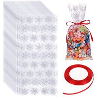 100 Pieces Cellophane Treat Bags Party Treat Bags Plastic OPP Candy Bags with Ribbon for Winter Wonderland Party Supplies