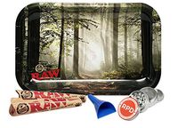 RAW Rolling Tray Small (Smokey Forest) with 2 Packs of RAW King Size Pre Rolled Cones, Barracuda Cone Filler and Rolling Paper Depot 42mm 4 Piece Grinder
