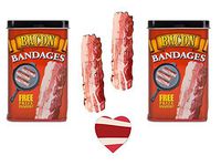 Bacon Bandages Gift Set (2 Pack + Sticker) - Bacon Strips Adhesive Band Aids Kids Bandaids Two Tins + Bacon Heart Sticker