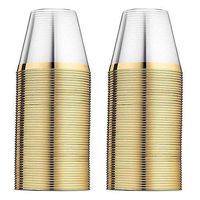 Gold Plastic Cups ~ 100 Heavy Duty Elegant Party Cups ~ Fancy Gold Rimmed Clear Old Fashion Tumblers ~ Recyclable and Disposable Wedding Cups