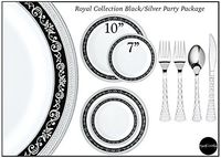 Royalty Settings Royal Collection Disposable Plastic Plates for Parties for 80 Persons, Includes 80 Dinner Plates, 80 Salad Plates, 160 Forks, 80 Spoons, 80 Knives, Black and Silver Rim