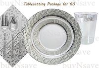 Elegant Wedding Party Disposable Plastic Plates Hammered Clear with Silver,for 60 Guests,Dinner Plates10.25",Salad Plates7",Napkins,Tumblers,Forks,Spoons,Knives,with 1 Vanilla Scent Diamond Candle