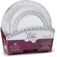 Laura Stein Designer Dinnerware Set of 32 Premium Plastic Wedding/Party Plates: White, Silver Rim. Set Includes 16 10.75" Dinner Plates & 16 7.5” Salad Plates | Glitz Series