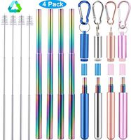 PANSHAN Reusable Metal Straws 4 Pack, Foldable Drinking Straw Stainless Steel, Portable Straw Travel Straw for Cold Beverage, Coffee and Smoothie (4 Pack Rainbow)