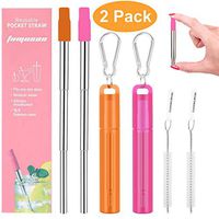 2 Pack Reusable Portable Metal Straws, Fomuson Telescopic Foldable Stainless-Steel Drinking Straw with Case and Cleaning Brush Carabiner for Coffee Juice Smoothie Milkshake BPA Free (Orange, Pink)