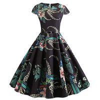 Makaor Women's Summer Dress Short Sleeve V Neck Dress Swing A Line 1950s Vintage Dress Retro Dress,Pineapple/Cherry/Flower Print (L, A)