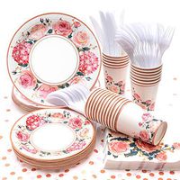 Vintage Floral Party Supplies, (Serves 24) Disposable Paper Plates, Napkins, Cups, Knives, Spoons, Forks, Tablecloth, Tableware Sets for Baby Shower Birthday Party Wedding