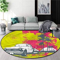 RUGSMAT Grunge Anti-Skid Area Rug,Vintage Cars with Palms Design Non-Slip Fabric Round Rugs for Living Room Diameter-47