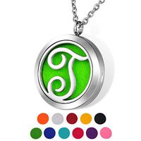 HOUSWEETY Aromatherapy Essential Oil Diffuser Necklace-Stainless Steel Locket Pendant,11 Refill Pads Letter T