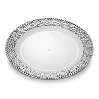 [32 Count - 9 Inch Plates] Laura Stein Designer Tableware Premium Heavyweight Plastic White Lunch Plates With Silver Border, Party & Wedding Plate, Glitz Series, Disposable Dishes