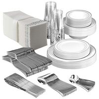 25 Guest Disposable Silver Dinnerware Set | Heavy Duty Plastic Plates, Cups, Silverware & Napkins. 50 Forks, 25 Spoons, 25 Dessert Spoons, 25 Knives, 25 Dinner Plates, 25 Dessert Plates, 25 Soup Bowls