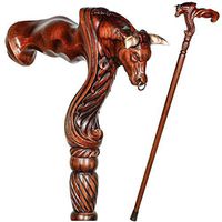 Bull Head Wood Carved Walking Stick Cane Ergonomic Palm Grip Buffalo Handle Wooden for Men Women Brown