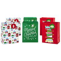 Hallmark 9" Medium Christmas Gift Bag Bundle (Pack of 6; Little Houses and Trees, Merriest Christmas, Vintage Van with Christmas Trees) - 5XGB4890