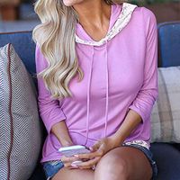 Xia&Han Women Lace Stitching Hoodie Shirts Tee Blouse Long Sleeve Solid Tunics Loose Tops Pullover Purple