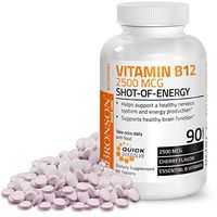 Vitamin B12 2500mcg Shot of Energy Fast Dissolve Chewable Tablets - Quick Release Cherry Flavored Sublingual B12 Vitamin - Supports Nervous System, Healthy Brain Function Energy Production – 90 Count