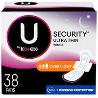 U by Kotex Security Ultra Thin Overnight Pads with Wings, Regular, Fragrance-Free, 38 Count