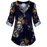 Meikosks Ladies V-Neck Button Pullover Flowers Print Blouses Plus Size Long Sleeve Tops Summer Shirt Navy