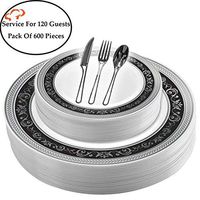 Tiger Chef Plastic Dinnerware 600 Piece Set Service For 120 Guests Includes 120 10.75-inch Dinner Plates 120 7-inch Salad Plates 120 Cutlery Sets Forks, Spoons, And Knives Disposable BPA Free