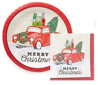 Old Red Pickup Truck Christmas Disposable Plates and Napkins (24 Dinner Plates and 40 Napkins)