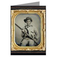 12 Vintage Notecards of Southern Civil War soldier in pullover hunting-style shirt with dark military-type trim with double barrel shotgun, revolver, and side knife from the Civil War.