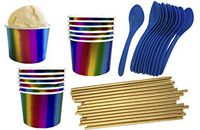 Iridescent Foil Treat Cups - Ice Cream Kit - Blue Pink Gold Green - 8 Ounce Cups - Blue Plastic Spoons - Gold Foil Paper Straws - 12 Cups and Spoons and 25 Straws