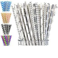 Grey Paper Straws by PGK - 200 Box | Silver Paper Straws in Chevron, Striped, Stars and Polka Dots | Holiday, New Years Eve and Wedding Straws | Fun, Colorful Drinking Straws (Grey Silver)