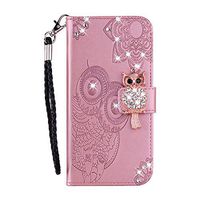 Cfrau Diamond Kickstand Case with Black Stylus for Huawei P30 Lite,Luxury Embossed Crystal 3D Owl Flower Bling Glitter Wallet PU Leather ShockLiteof Soft TPU Wrist String Case - Rose Gold