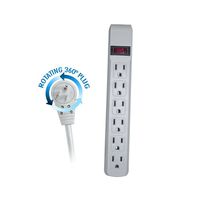 ACL 25 Feet Power Cable with 6 Outlet Surge Protector, Flat Rotating Plug, Horizontal Outlets, Gray