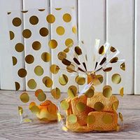 100 Pack Gold Polka Dot Candy Bags with 100Pcs Gold Metallic Twist Ties, Clear Plastic Treat Bags for Cookie Candy Snack Gift Wrapping Party Favor - 5.1'' by 8.2'' by 1.5''